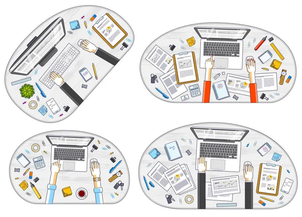 Work desks workspaces top view with hands of office workers or entrepreneurs, PC computers and a lot of different stationery objects on tables. All elements are easy to use separately. Vector set.