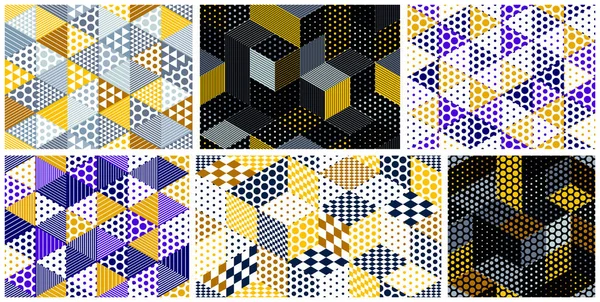 Пунктирные Кубики Бесшовные Шаблоны Векторные Фоны Набор Точки Размерные Блоки — стоковый вектор