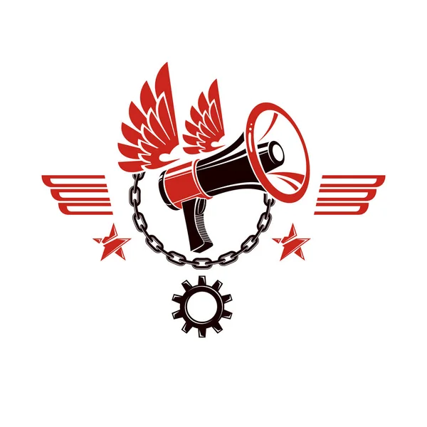 Emblema Vectorial Decorativo Compuesto Por Altavoz Alado Cadena Propaganda Como — Archivo Imágenes Vectoriales