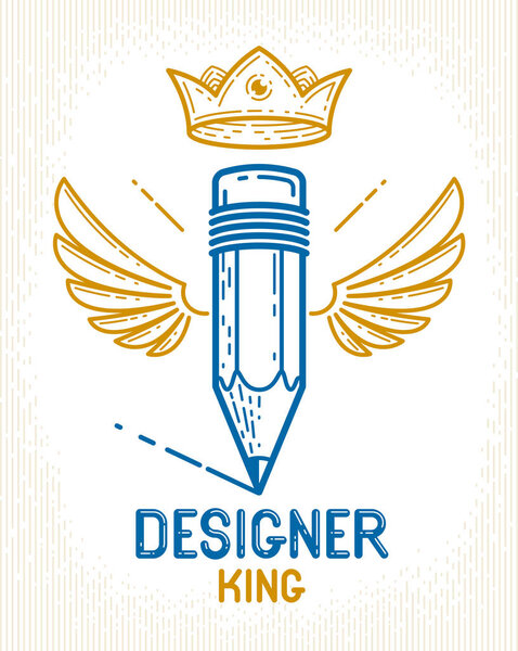 Pencil with wings and crown, vector simple trendy logo or icon for designer or studio, creative king, royal design, linear style.