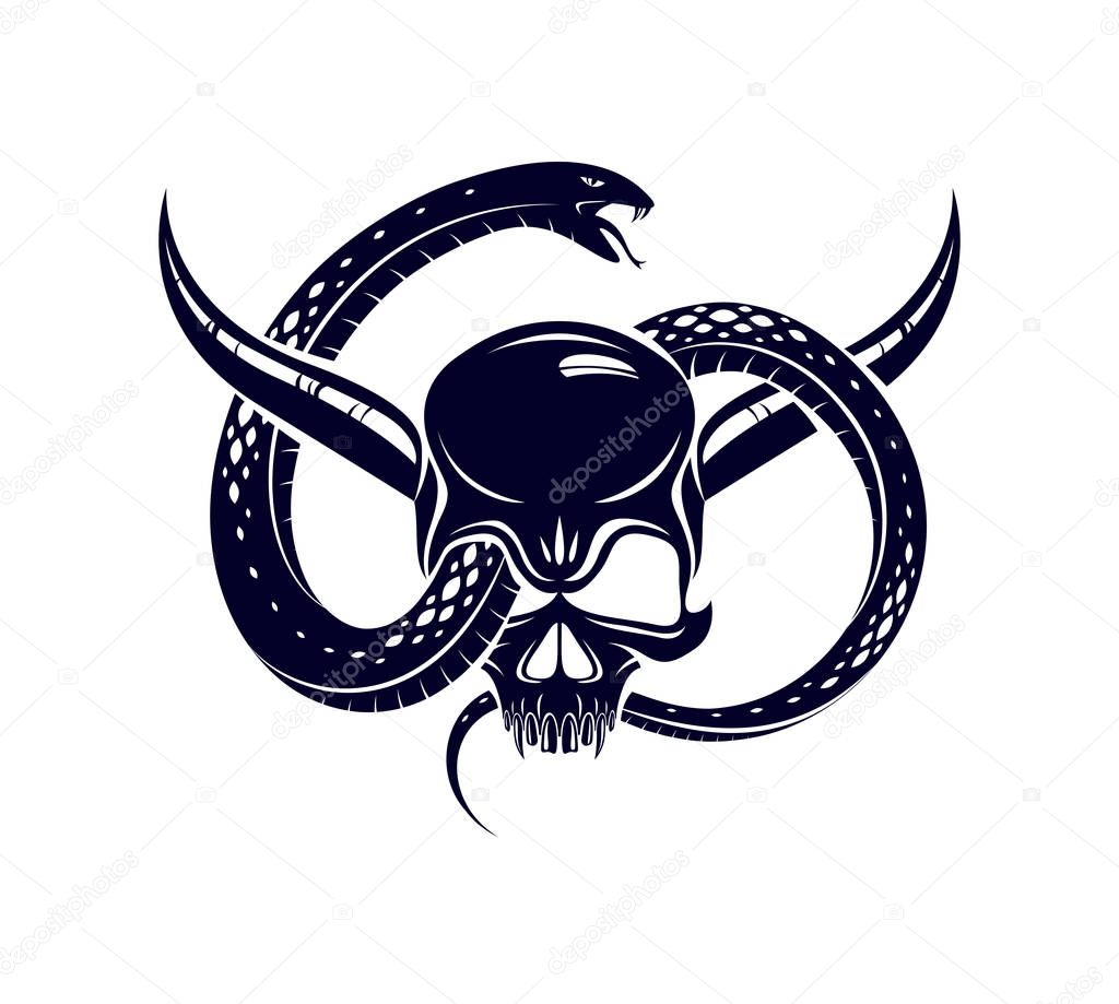 Horned skull with snake devil evil sign, vintage vector design of classic style crest, coat of arms, death and rebirth concept tattoo,
