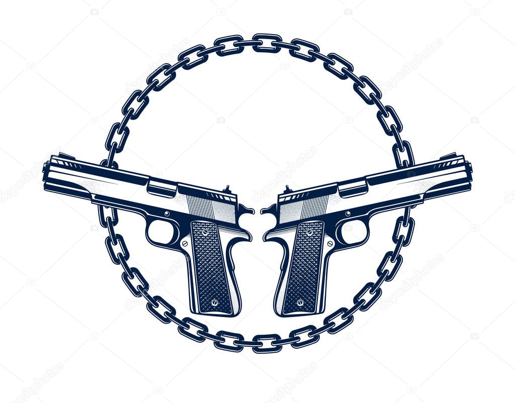 Two crossed handguns vector emblem or logo isolated on white, vintage style coat of arms crest, weapons, army force or gang sign.