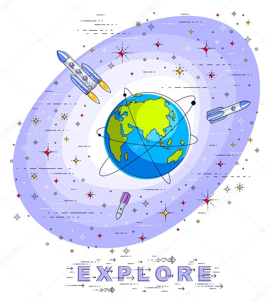 Small Earth in endless space surrounded by asteroids, rockets, meteors, stars and other elements. Cosmos science theme. Thin line 3d vector illustration isolated on white.