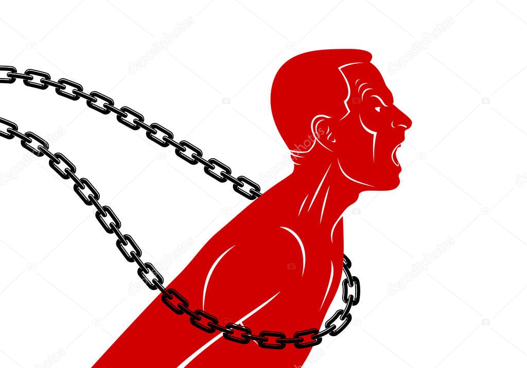 Shouting and screaming man trying to break the chain struggling for freedom, fight and liberate concept, liberty and human rights vector conceptual illustration.