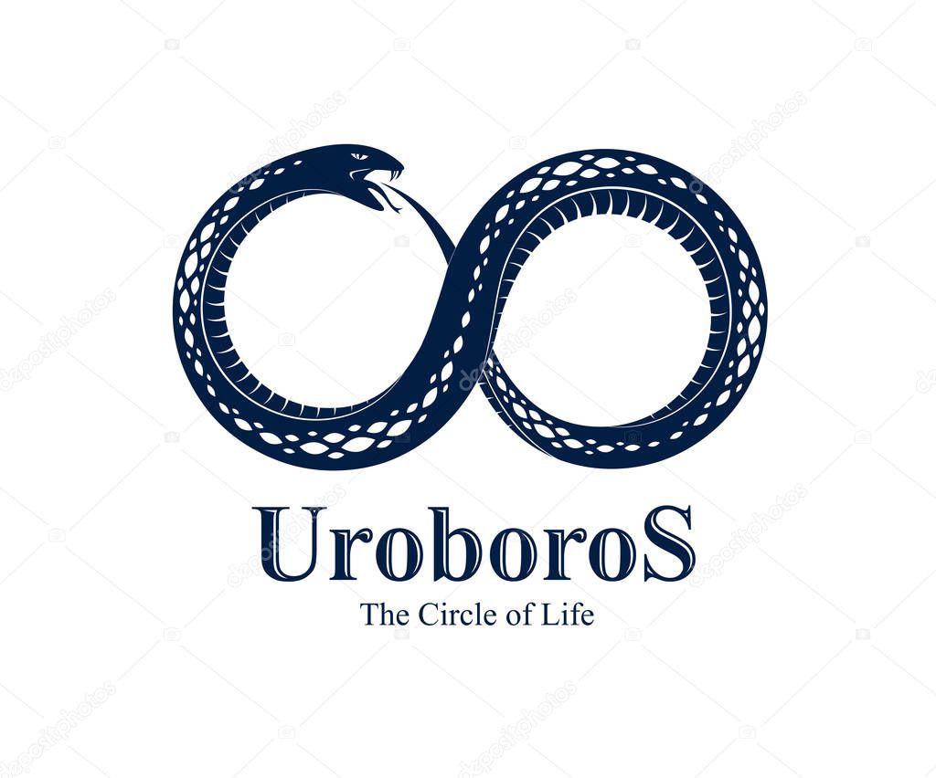 Ouroboros Snake in a shape of infinity symbol, endless cycle of life and death, ancient Uroboros symbol vector illustration, Serpent eating its own tale, logo, emblem or tattoo.