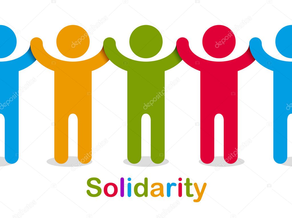 Worldwide people global society concept, different races solidarity, we stand as one, togetherness and friendship allegory, world unity cooperation, vector illustration logo or icon.