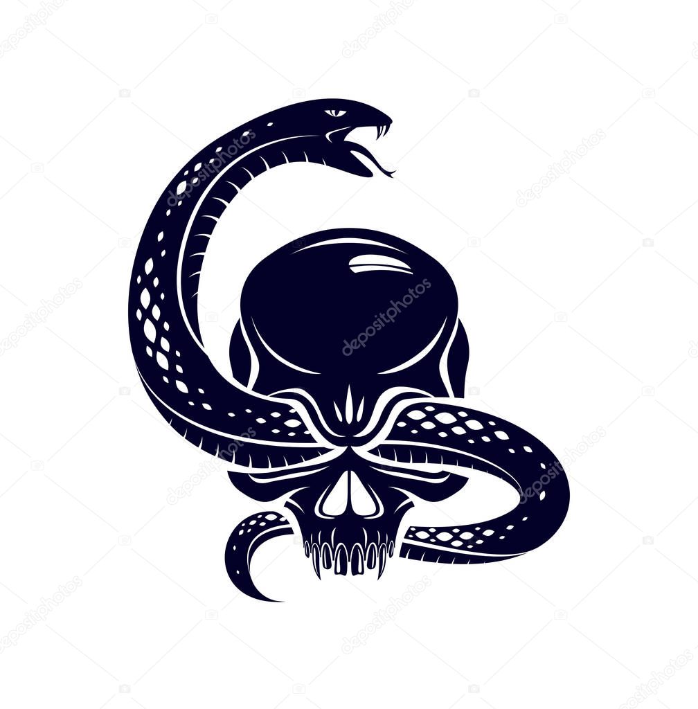 Skull with snake devil evil sign, vintage vector design of classic style crest, coat of arms, death and rebirth concept tattoo,