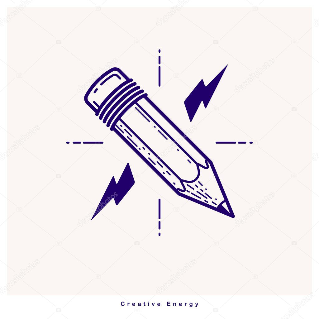 Pencil with lightning bolt vector simple trendy logo or icon for designer or studio, creative energy, bright design, linear style.