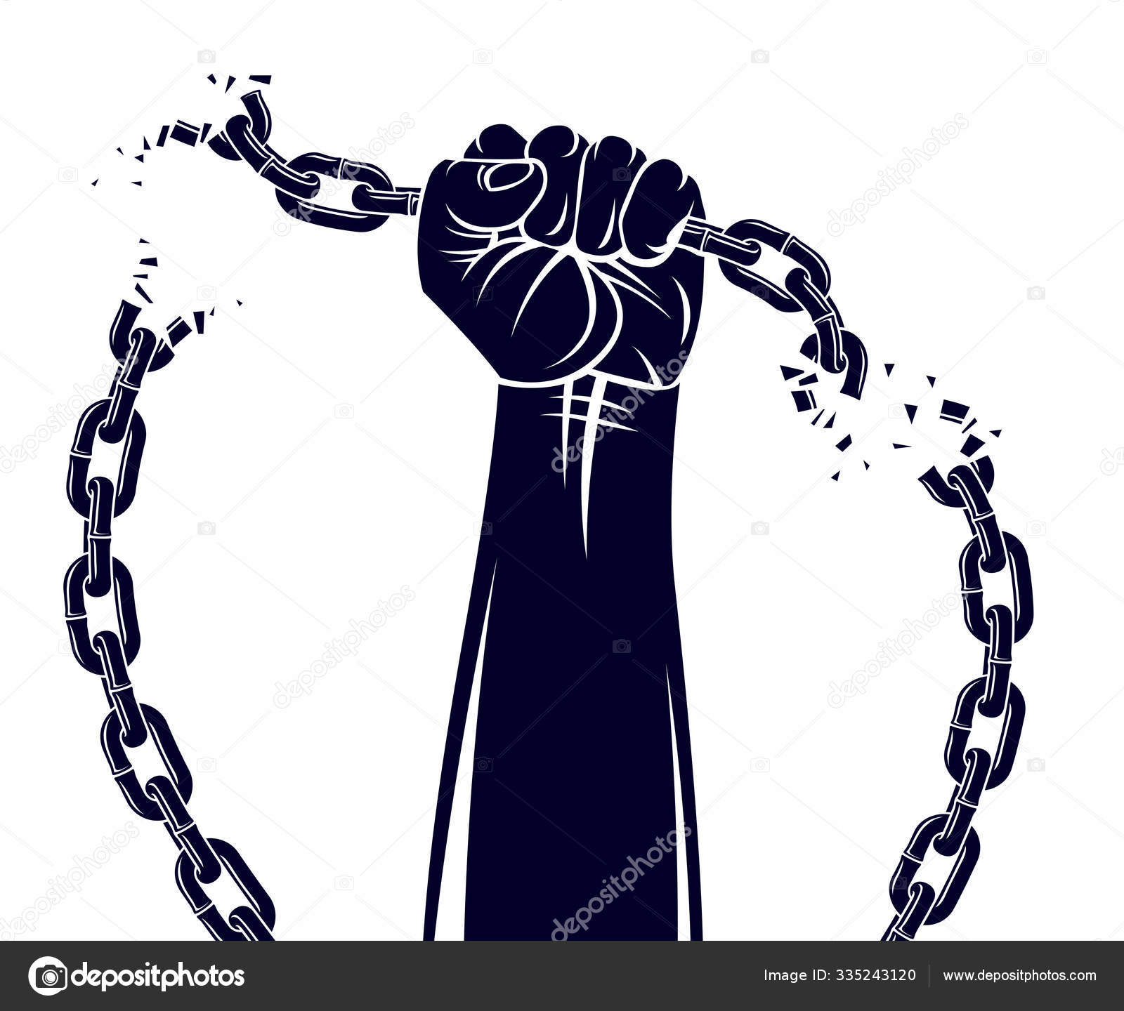 Strong hand clenched fist fighting for freedom against chain sla Stock