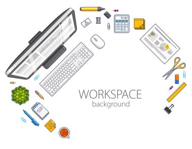 Bilgisayarlı ve çok farklı çalışma masası çalışma alanı üst görünümü