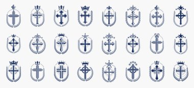 Vintage Christian vektör logolarını ya da amblemlerini çaprazlıyor, heraldik desi