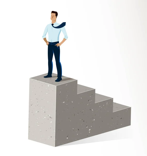 Empresario de pie en la parte superior escaleras vector ilustración, éxito — Vector de stock