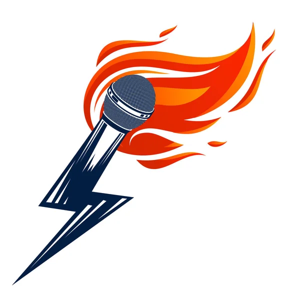 Micrófono en el fuego y la forma de un rayo, micrófono caliente en llamas y — Archivo Imágenes Vectoriales