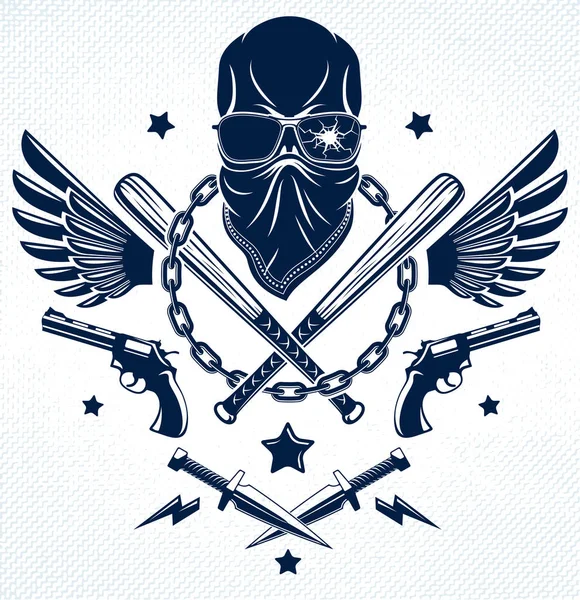 Татуировка преступника, эмблема банды или логотип с агрессивным основанием черепа — стоковый вектор