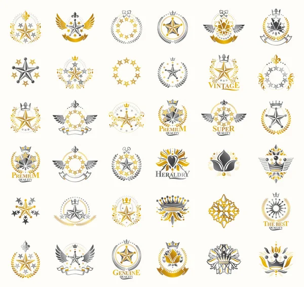 Короны и звезды винтажные геральдические эмблемы вектор большой набор, antiqu — стоковый вектор
