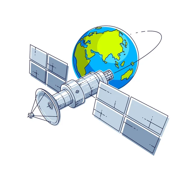 Satellit kreist um die Erde, Raumfahrt, Kommunikationsraum — Stockvektor