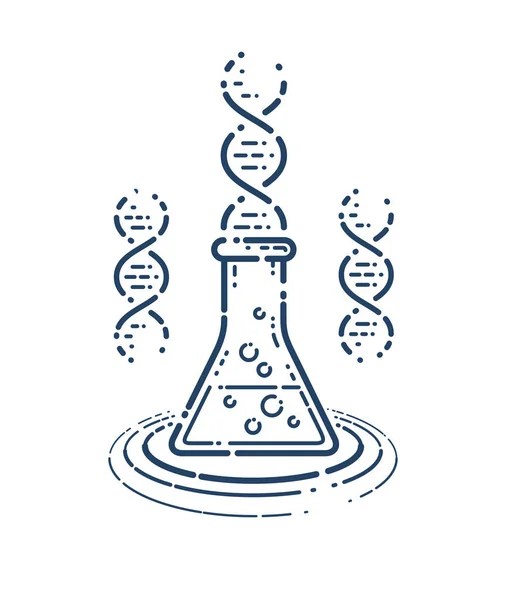 Frasco químico com vetor de cadeia de DNA ícone linear simples, scienc — Vetor de Stock
