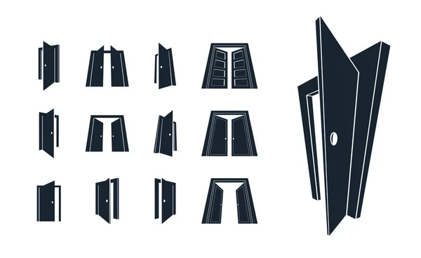 Ícones de porta conjunto vetorial, plana e 3d símbolos de estilos dimensionais, b — Vetor de Stock