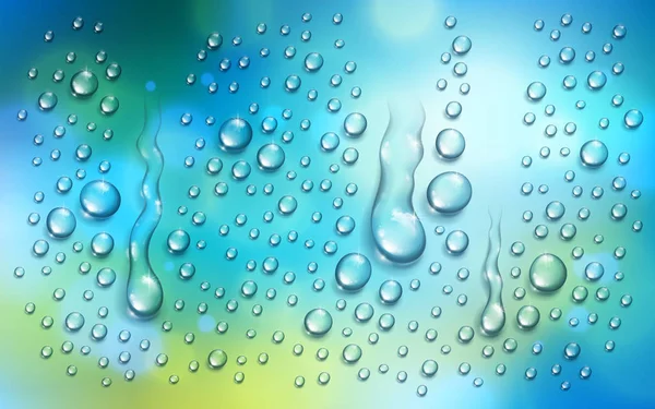 Gotas de chuva de água ou condensação sobre turva verde e azul nat — Vetor de Stock