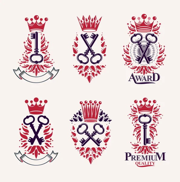 Vintage tuşlar vektör logoları veya amblemleri, heraldik tasarım ögeleri b — Stok Vektör