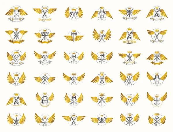 Loghi o emblemi vettoriali di armi d'epoca, elementi di design araldici — Vettoriale Stock