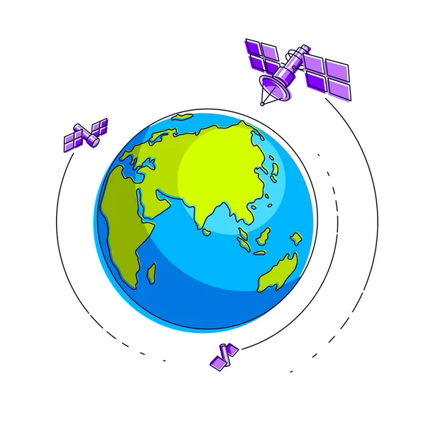 Technologies mondiales de communication satellites volants en orbite spatiale — Image vectorielle