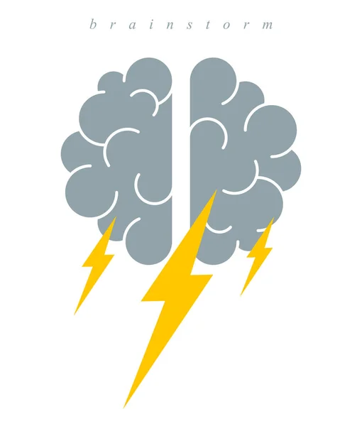 Brainstormkonzept Vektor-Logo oder -Symbol, menschliches Gehirn und Lightnin — Stockvektor