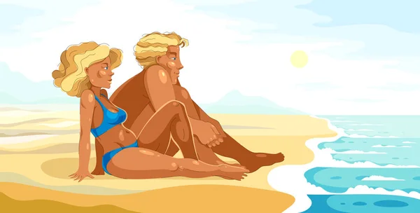 Vackra unga par på stranden lugn avkoppling och vila lo — Stock vektor