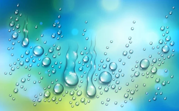 Gotas de chuva de água ou condensação sobre turva verde e azul nat — Vetor de Stock
