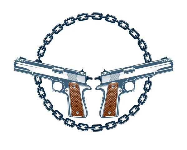 Twee gekruiste pistolen vector embleem of logo geïsoleerd op wit, vi — Stockvector