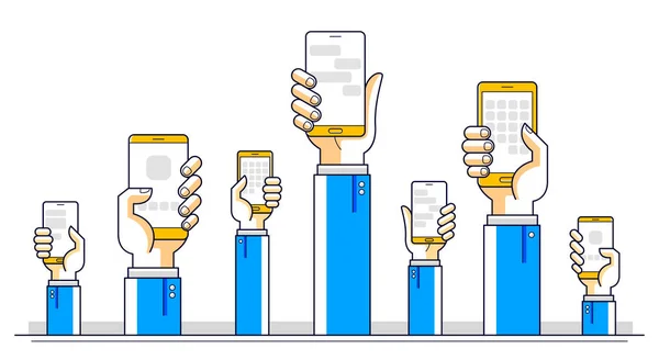 Comunicazione e attività su Internet, le persone mani che tengono i telefoni — Vettoriale Stock