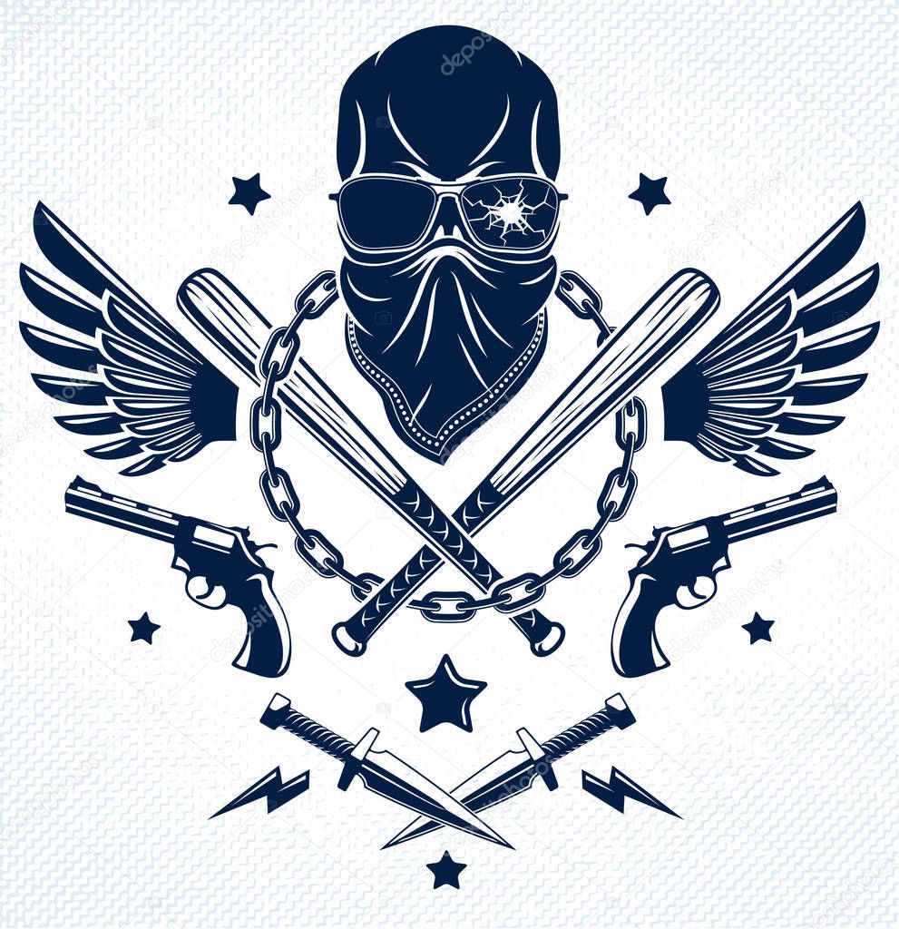 Criminal tattoo ,gang emblem or logo with aggressive skull baseball bats and other weapons and design elements, vector, bandit ghetto vintage style, gangster anarchy or mafia theme.