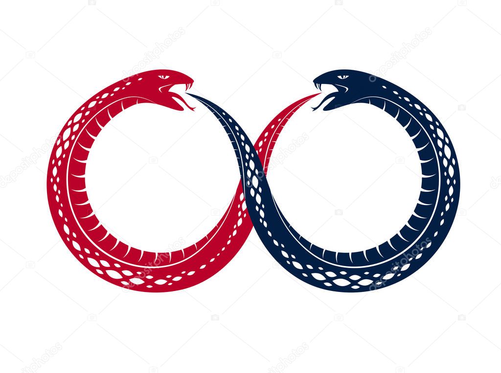 Ouroboros Snake in a shape of infinity symbol, endless cycle of life and death, ancient Uroboros symbol vector illustration, Serpent eating its own tale, logo, emblem or tattoo.