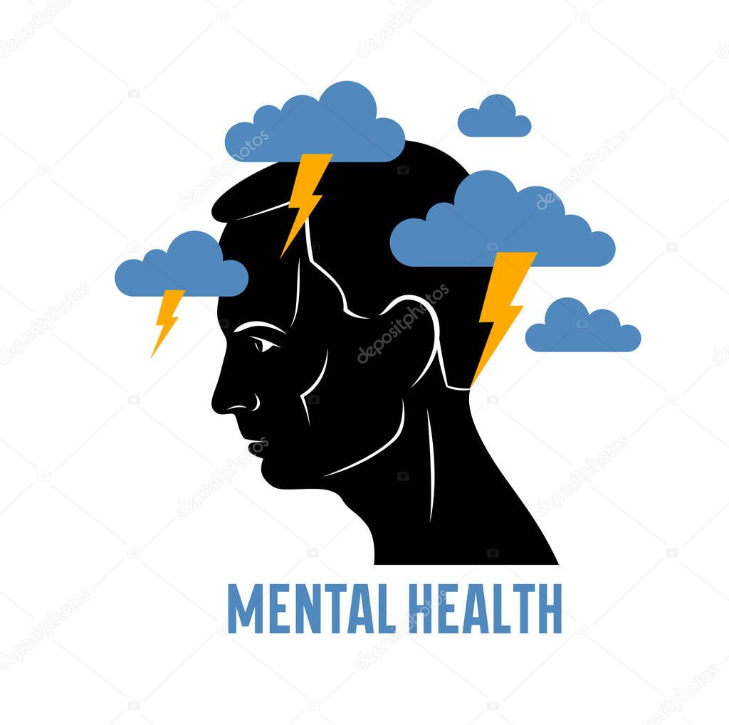 Depression mental health and high anxiety vector conceptual illustration or logo visualized by man face profile and dark clouds over his head.