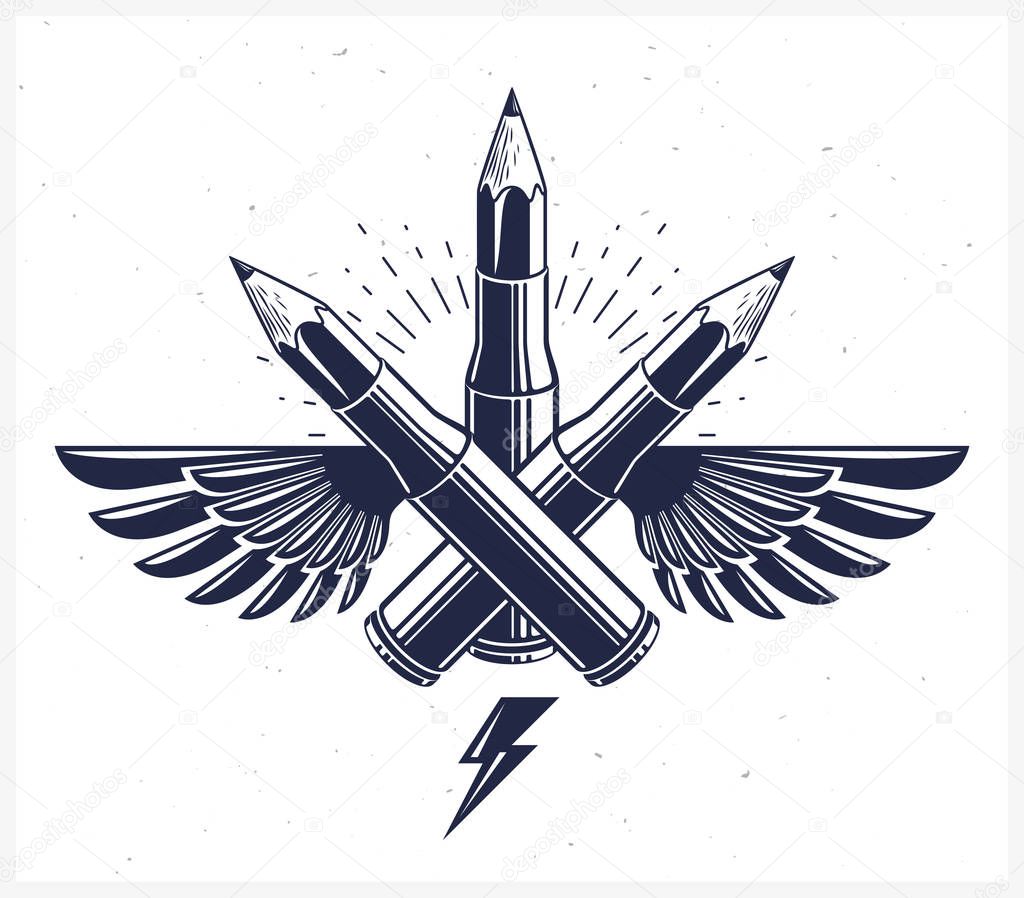 Idea is a weapon concept, weapon of a designer or artist allegory shown as a winged firearm cartridge cases with pencils instead of bullet, creative power, vector logo or icon.