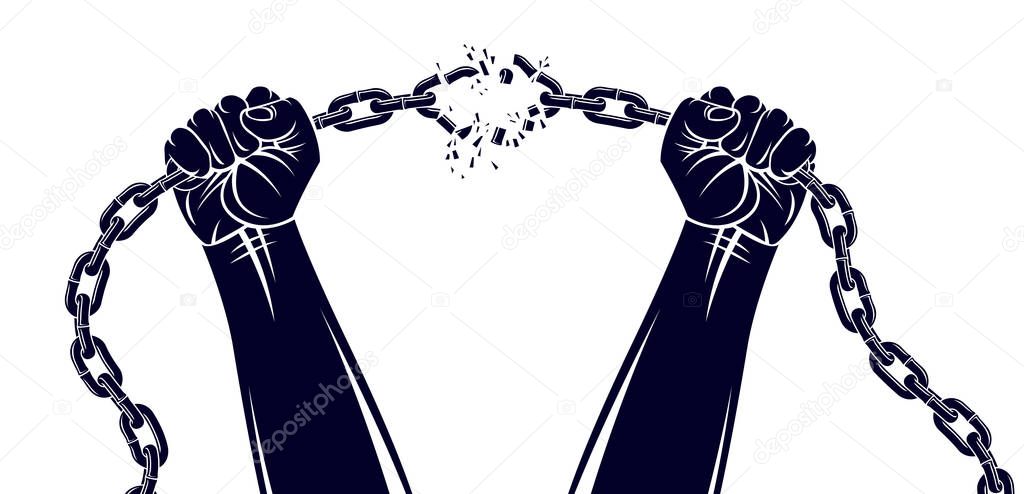 Strong hand clenched fist fighting for freedom against chain sla