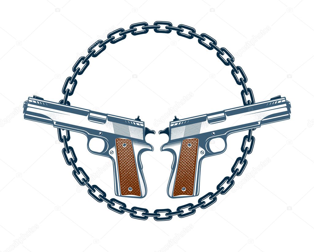 Two crossed handguns vector emblem or logo isolated on white, vi