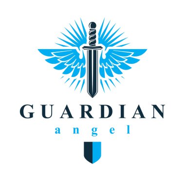 Vektör grafik illüstrasyon kuş kanatları ile oluşan kılıç savaş ve özgürlük metafor sembolü. Koruyucu melek vektör soyut amblemi.