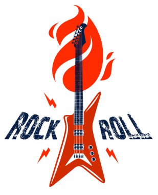Elektro gitar vektör logosu, konser festivali ya da gece kulübü etiketi, müzik teması illüstrasyonu, gitar dükkanı ya da tişört baskısı olan Rock and Roll amblemi, stil tipografisi olan rock grubu işareti.