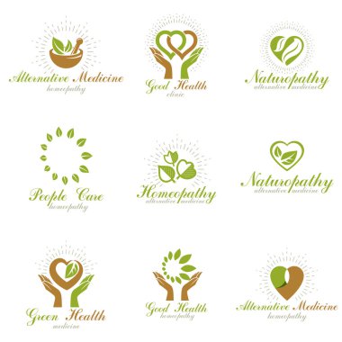 Homeopati yaratıcı semboller koleksiyonu. Alternatif Tıp kavramsal vektör Amblemler oluşturulan kullanarak yeşil yaprakları, kalp şekilleri, dini haçlar ve el Bakımı.