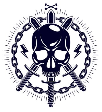 Saldırgan kafatası korsan amblemi Jolly Roger silah ve diğer tasarım unsurları, vektör vintage tarzı logo veya ölü kafa dövmesi.