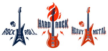 Elektro gitar vektör logolu Hard Rock amblemleri, konser festivali veya gece kulübü etiketleri, müzik temalı illüstrasyonlar, gitar dükkanı veya tişört baskısı, stil tipografisi olan rock grubu işareti.