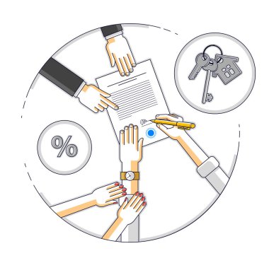 Koca, gayrimenkul alımı için banka ipoteği hipotezi imzalıyor ve karısı karar vermesine yardım ediyor. Çalışan da kredi şartlarını, insanların el ve kağıtlarını açıklıyor. Vektör.