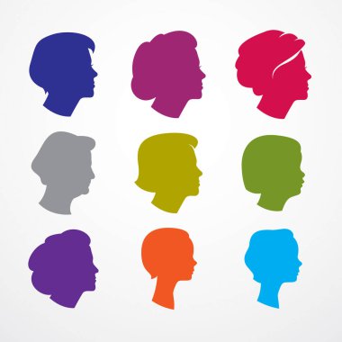 Kadın farklı yaş kategorilerinde profillerle karşı karşıya. Çocukluktan ergene ve kadına, olgunlaşma ve yaşlanma dönemleri ve yaşam döngüsü. Vektör basit simgesi veya logo tasarımı.