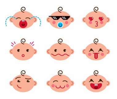 Şirin Bebek çizgi film vektör düz Icons set emoji gülen koleksiyon, çok güzel, mutlu, gülümseyen, gülüyor, dilini gösteren, dil, ağlıyor, üzgün ve kızgın gösterilen piksel gözlük cool.