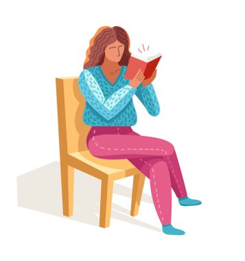 Beyaz, bilgi öğrenme eğitimi, öz eğitim, kurgu edebiyatı üzerine izole edilmiş bir kitap vektörü modayı okuyan genç bir kadın..