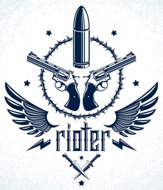 Kurşunlar ve silahlar Devrim ve Savaş 'ın amblemi, farklı tasarım unsurları, anarşi ve kaos konsepti, suç ve gangster tarzı, sosyal gerilim temalı logo veya dövme.