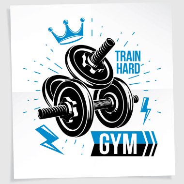 Disk ağırlık dambıl ve royal crown ile oluşturulan Halter Şampiyonası vektör promosyon el ilanı. Zor yazı tren.