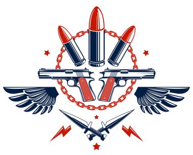 Devrim ve savaş taşıyıcı amblemi kurşunlar ve silahlar, logo veya dövme birçok farklı tasarım unsurları, çevik kuvvet savaşçısı, suçlu ve anarşist tarzı, sosyal gerilim teması.