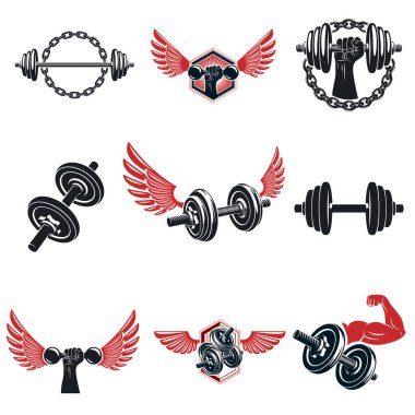 Halterler, halterler ve disk ağırlıkları spor ekipmanları ile oluşturulan vektör çapraz uyum ve fitness tema illüstrasyonlar seti. Kaslı atlet vücut silueti.